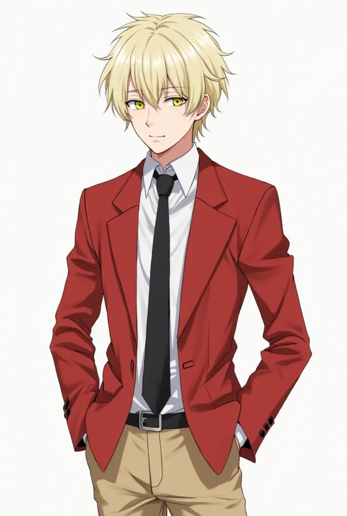 
A young man with a slim build and medium height ( Approximately 1 .74 m). His hair is pale but shiny blonde, with bangs that cover part of his forehead and a slight natural disorder. His eyes are intense yellow but with a soft tone, , conveying a cold and...