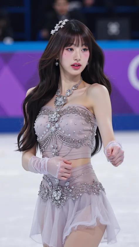 8K, super detail, ultra-detailed, olympic ,ice skating triple axel, ultra realistic solo,woman,(looking at camera), (parted lips,light smile),(shiny skin:1.1),blush, zoom lense, boleh, olimpiade, sexy costume, big breasts, bra, panties, nipple,
(dancing ...