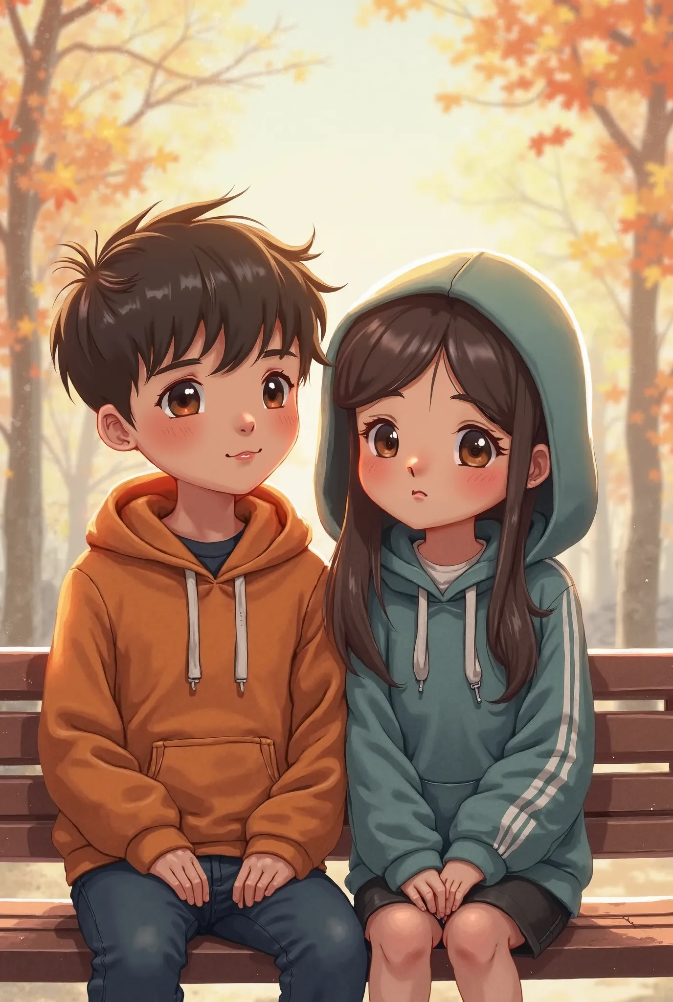 there are two people sitting on a bench wearing hoodies, realistic picture, realistic cartoon, airing in 2 0 2 3, growth of a couple, couple, lovely couple, realism artstyle, cute cartoon, really realistic, sakimi, in year 2000, 2003. 