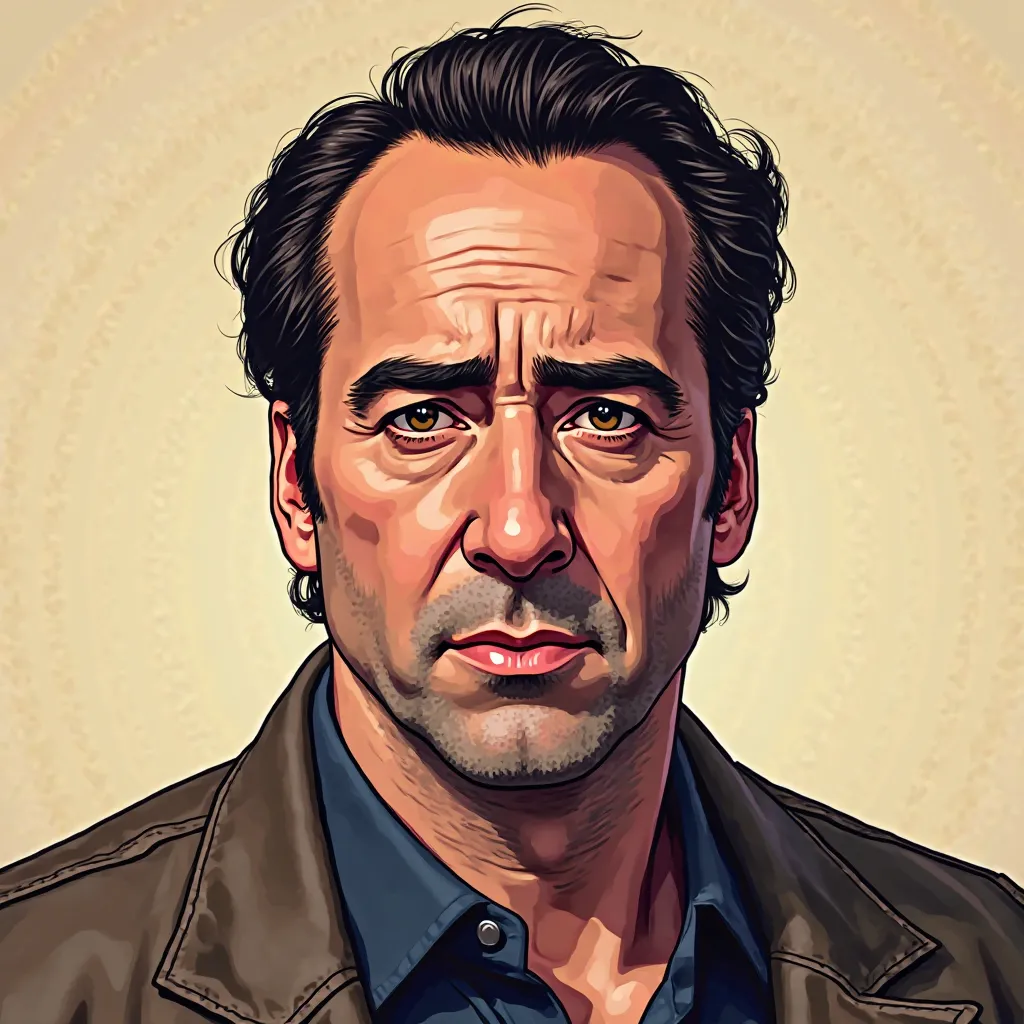 nicolas cage, clean shaven, no beard, head model, 2d games head view, comic, telltale the walking dead, tts