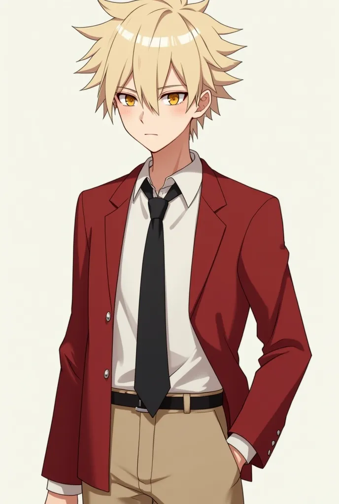 
A young man with a slim build and medium height (1.74 m), with a calm and analytical expression. His hair is pale but shiny blonde, with a style similar to that of Naruto: messy and with pointed locks.

 Her eyes are intense yellow , with a strong but sof...