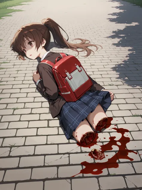 Masterpiece, hd, 2d, anime, brown hair, long  hair, ponytail, blank stare, opened mouth dead body, , gore, (gore:1.3), blood, (blood:1.2), a much of bloods, missing legs, broken legs, no legs, severed legs, dead body, wearing school uniform, backpack , out...