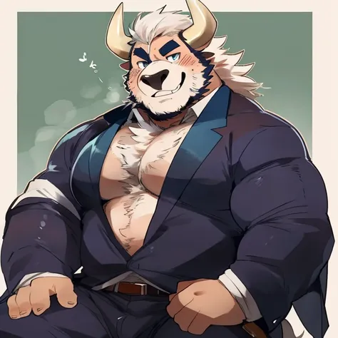 bull, furry, handsome, very muscular, very big, extremely hot and sexy, beard, hair, chest hair, charming eyes, solo, male, happy expression, daddy, full body, big body, clothes, middle aged, by hyaku, by darkgem, by glitter trap boy