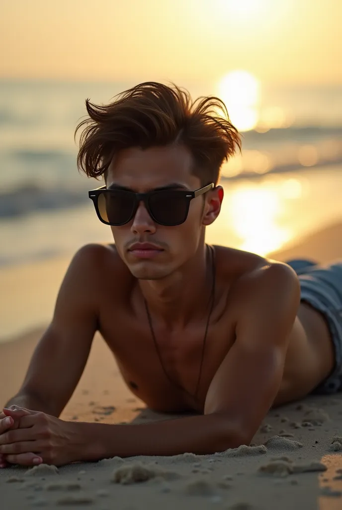 Give me a cinematic image of a young man lying on the beach, serious face, Incredible hair, it's serious and thrown away only with shorts, Make him wear sunglasses and lie on his back