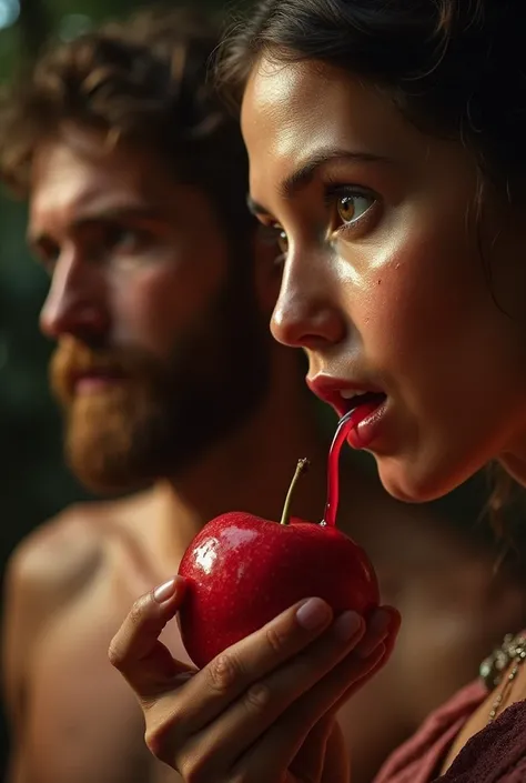 create a biblical scene of a dramatic close-up of Eve holding the bright red fruit, her teeth about to penetrate the skin. The juice begins to drip down her fingers. Her gaze reflects both fascination and a dark foreboding. In the background, Adam watches ...