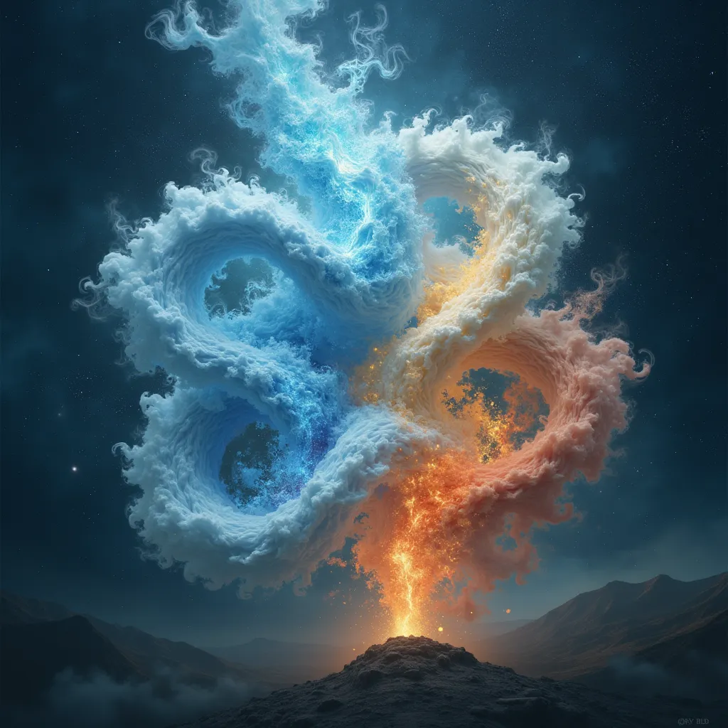 An artistic image with swirls of air forming the universe, showing how air is transformed into fire, water and earth .