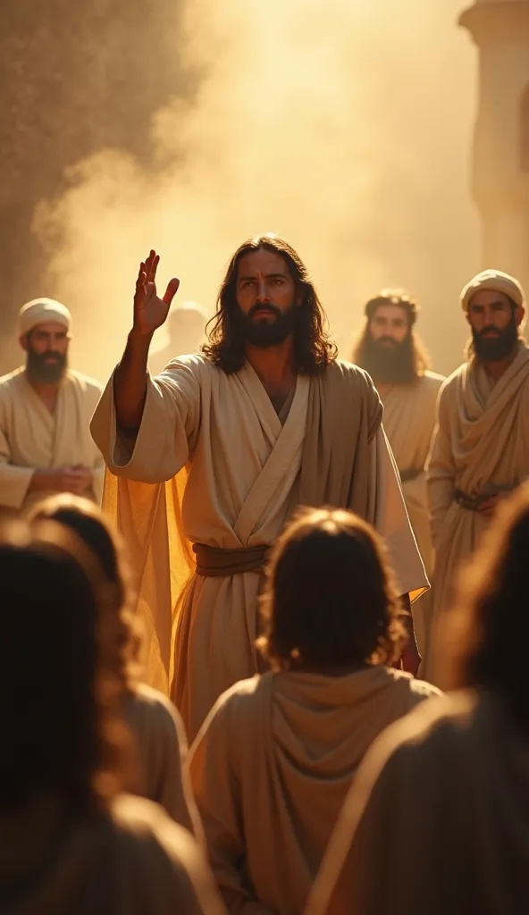 A powerful moment of Jesus addressing his disciples. He raises one hand in a teaching gesture, his expression serious yet compassionate. The disciples, varying in age, look at him with deep respect. Behind them, in the distance, Pharisees and teachers of t...