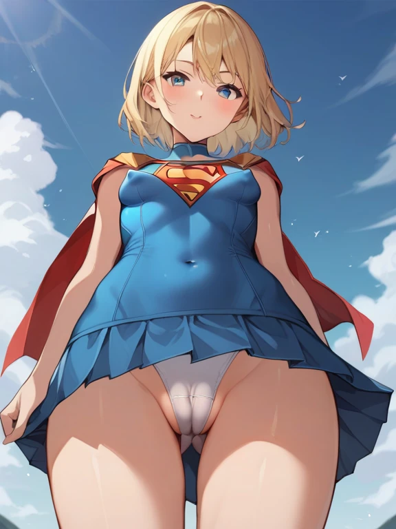 score_9, score_8_up, score_7_up,  source_anime，nsfw， uncorrected，((top quality, master part, absurd))，girl wearing supergirl cosplay, supergirl uniform, (supergirl), red cloak， young  ，, blonde, Low body，Toddler Body, blue eyes, small breasts，nipple outlin...