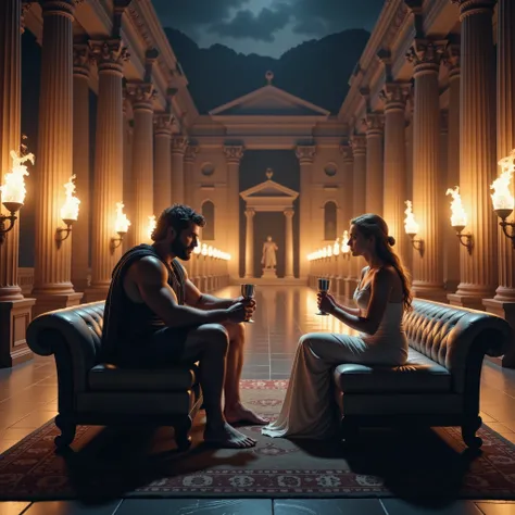 A realistic nighttime scene in the hall of an ancient Greek palace, illuminated with torches. In the center, Hercules is sitting on a divan conversing with Queen Hippolyta. They are both holding silver goblets. The image is high definition and ultrarealist...