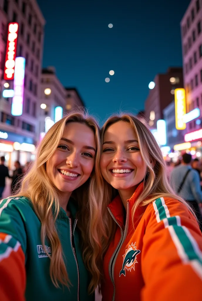  Two blonde adult females selfie, miami dolphins spring jacket, downtown Baltimore Maryland at night, stars in the sky, close-up shot, face