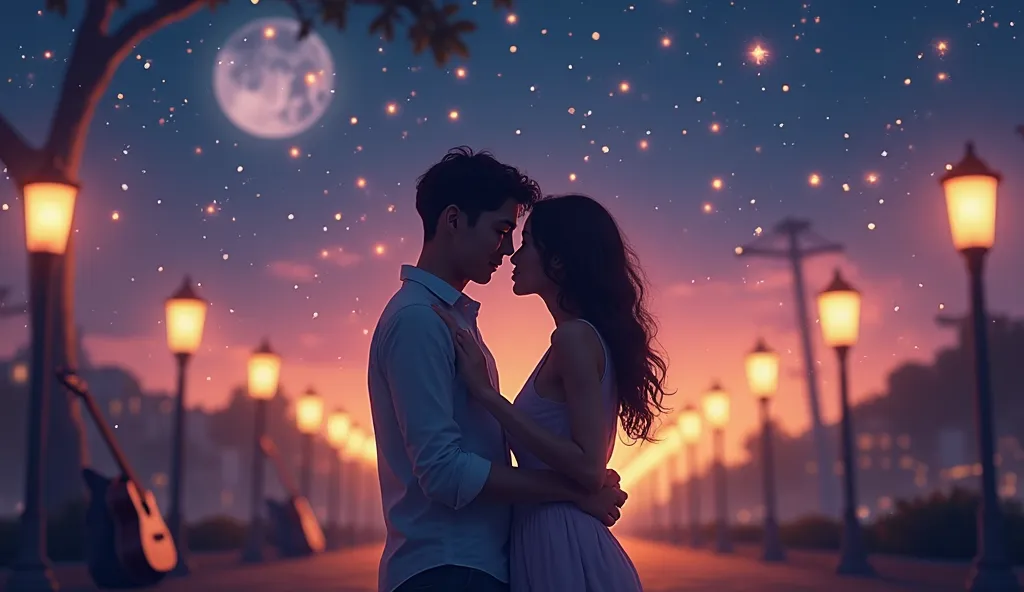 Create an atmospheric and romantic video cover, with a relaxing nighttime theme.  in the center,  an urban landscape at night , with soft lights from poles and buildings in the background,  creating an intimate atmosphere . In the foreground, a silhouette ...