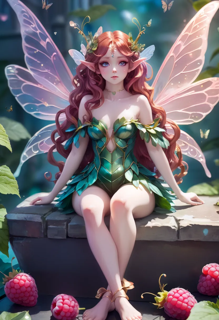 (highly detailed hands, hand model:1.4), anime style, Raspberry fairy queen,insect wings, see-through gossamer, depressed, in a  European town, bombshell hair, deep copper hair, curly hair, long hair, sitting on shoulder