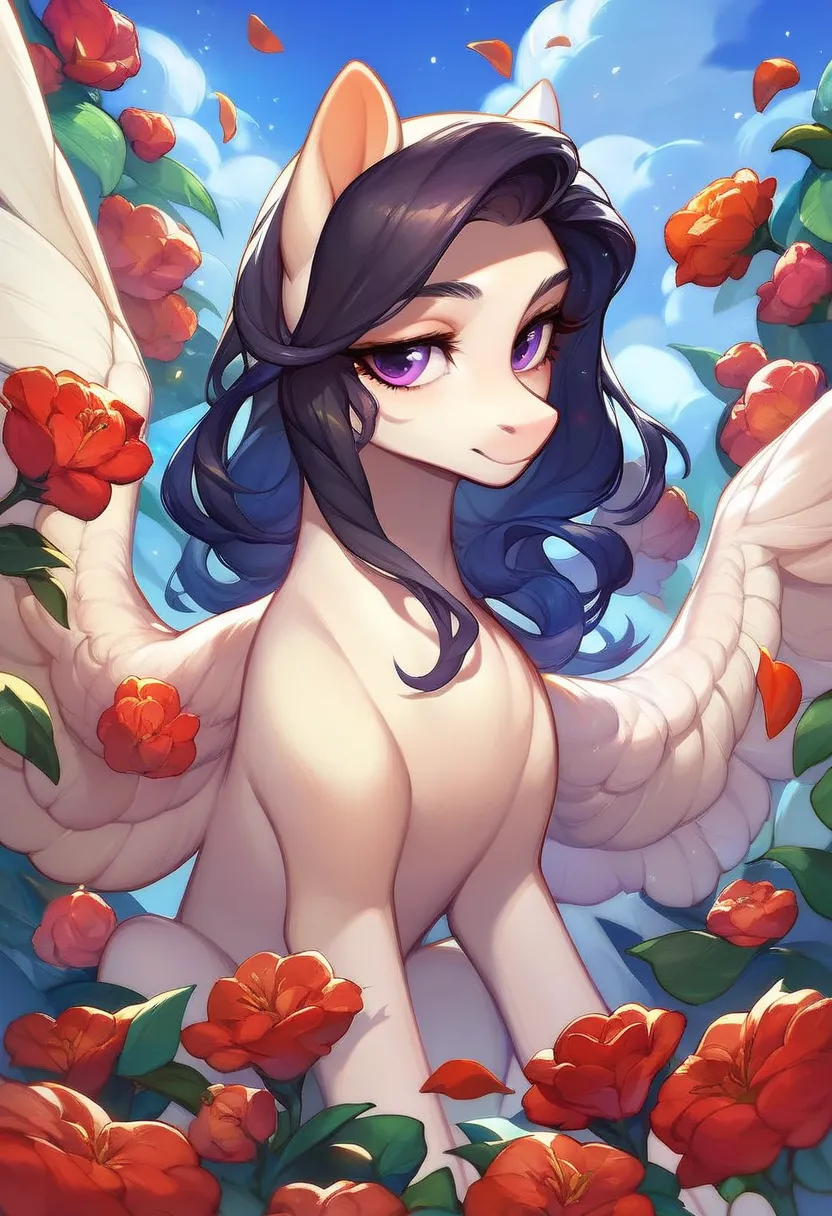 (superior quality,  official art , beautiful and aesthetic:1.2) A pony with long black hair, white-skinned, purple eyes, Pegasus wings .