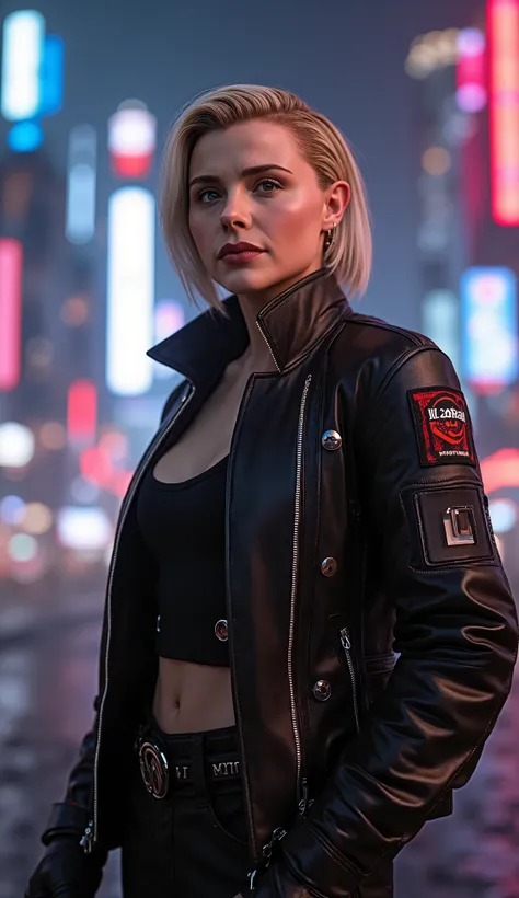 Hyper-realistic portrait of Cassie Cage from Mortal Kombat, } showing her upper body in her combat suit tactical: an elegant and tight military jacket with futuristic details, gloves and a utility vest. Her blond hair is styled in a modern and daring cut, ...