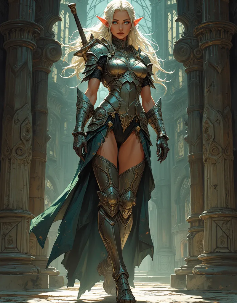 Mia Zaritskaya, work of art, best quality, High quality, A solo elf , long hair, blond hair, blue eyes,  chest, Looking at the viewer, shiny, armors,  tall socks, high boots, shoulder armors, Failures, Poleyn, gloves, gauntlets, (((a girl))), medium breast...