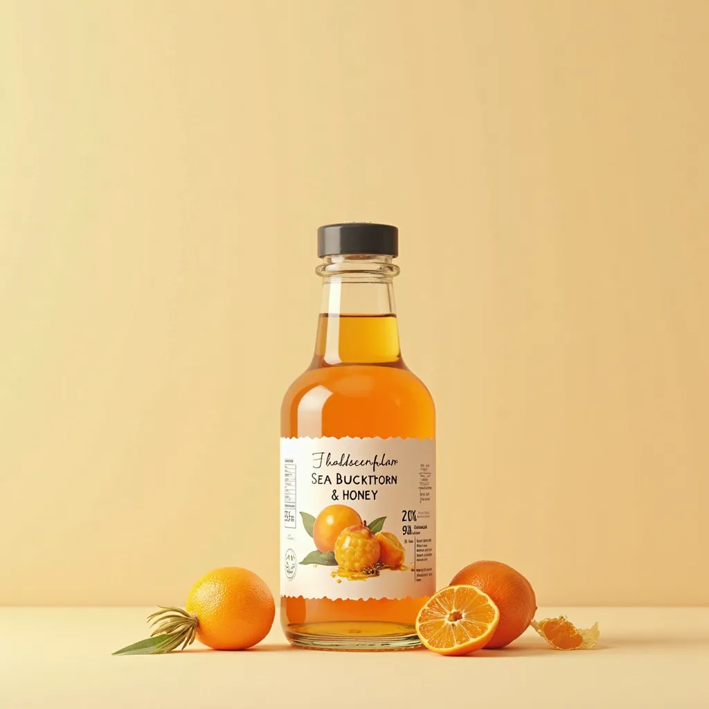 Sea buckthorn and honey flavored label design in flat style