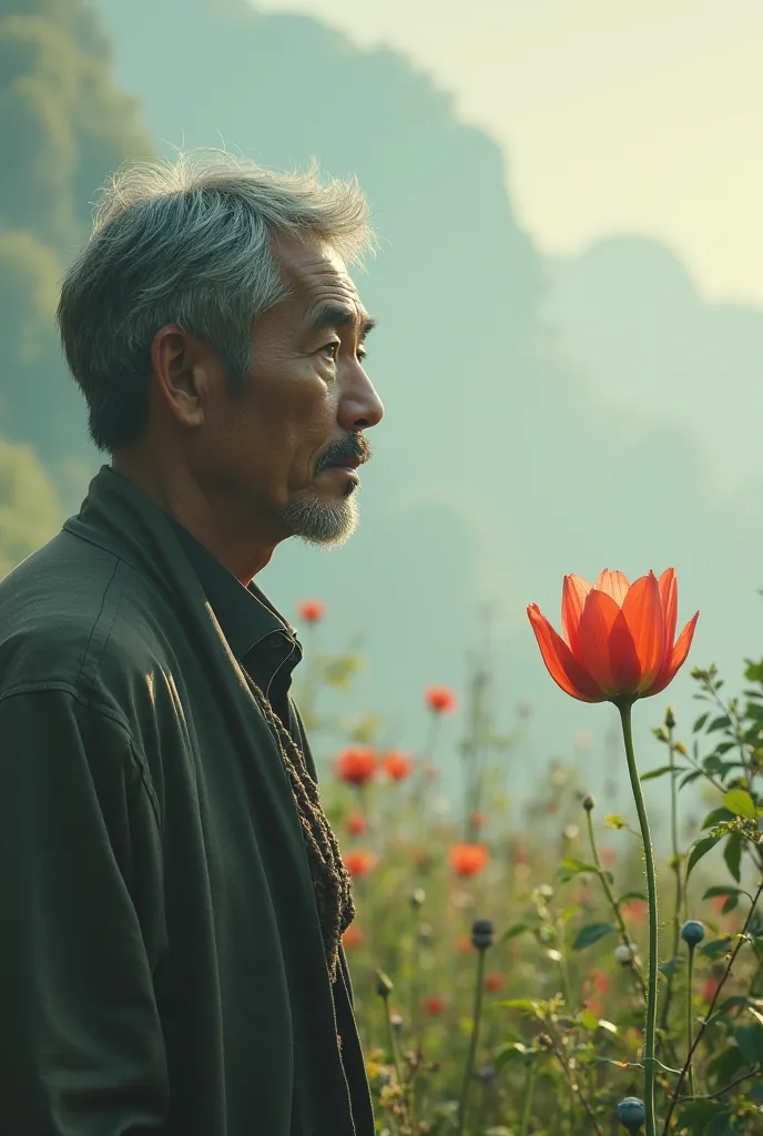 Man looking at a flower that is far away