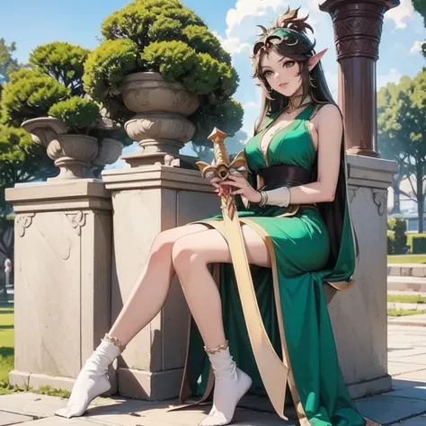 a woman in a green dress and white socks holding a sword, lady palutena, alluring Elf Princess Knight, , dishonest anime girl, palutena, kirisame marisa, Elf Princess Knight,  adoptable full body , an emerald blonde warrior, anime goddess,  anime girl name...