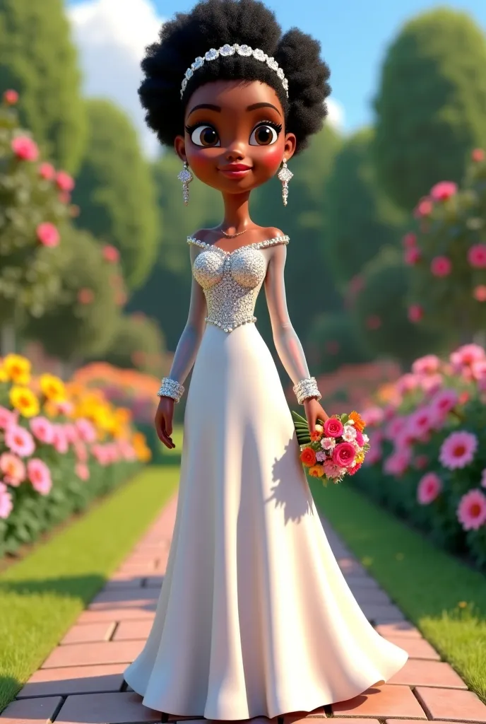 "Create Pixar 3D style,. funko pop 3d. Female average height, with brown skin and short afro and black hair wearing a simple headband.  wearing a long dress, shiny rhinestone bodice, transparent dress "With sleeve long cover" white. At the bottom with Duch...