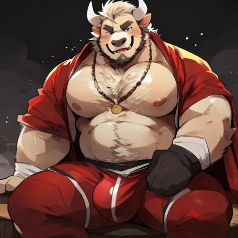 bull, furry, handsome, very muscular, very big, extremely hot and sexy, beard, hair, chest hair, charming eyes, solo, male, happy expression, daddy, bulge,  full body, big body, red medieval clothes, middle aged, by hyaku, by darkgem, by glitter trap boy