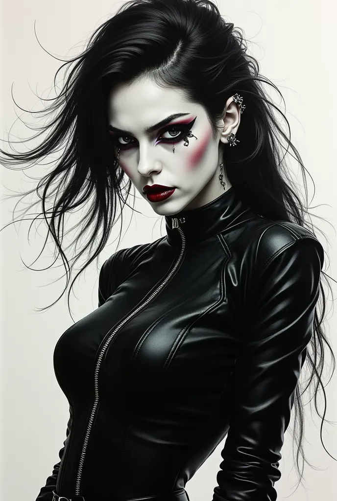 Create a drawing of a goth woman with piercings and heavy makeup. Do it with black clothes, In a drawing .