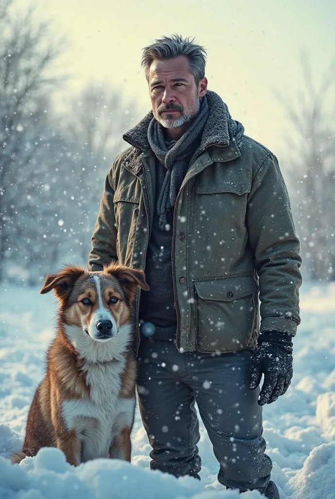 Brad Pitt in the snow with a dog