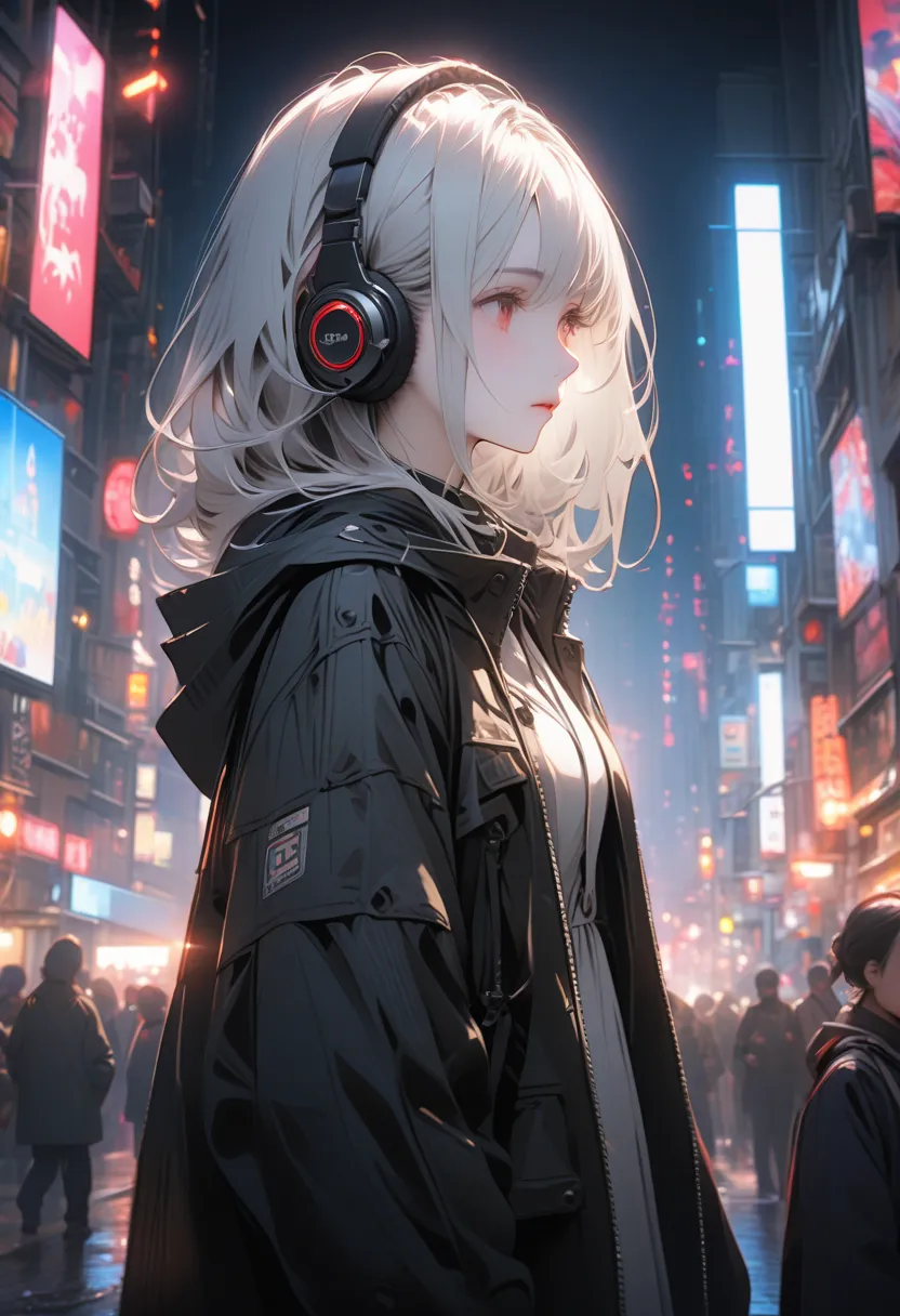 Young woman (full shot, full figure) wearing headphones standing alone, holding the cold air with a pensive look, feeling both anxiety and strength. Full body. An atmosphere of quiet reflection and hope hangs over her. There is an expression of determinati...