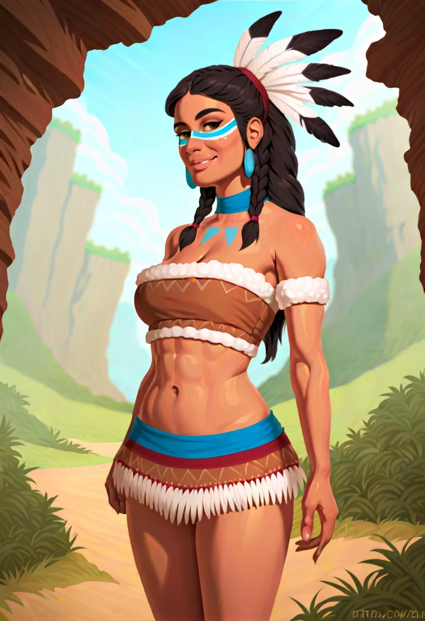 score_9, score_8_up, score_7_up, Cowboy Shot, girl, native american,cute, seductive, innocent, light smile:0.3, plump lips, slender body, 20yo, adorned with traditional regalia and feathers, standing, Canyon background, dynamic angle detailed Native Americ...