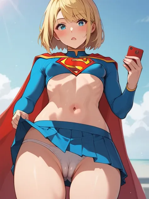 score_9, score_8_up, score_7_up,  source_anime，nsfw， uncorrected，((top quality, master part, absurd))，girl wearing supergirl cosplay, supergirl uniform，(supergirl), red cloak， very young ，Baby Face，blonde, Low body，Toddler Body, blue eyes, small breasts，ni...