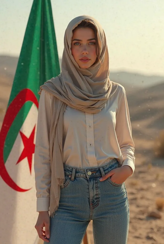 Generate a realistic taille 44 women arabic with hijab and jean pants with algerian flag in her hand