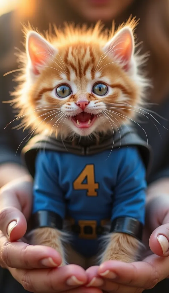 Adorable fluffy kitten with golden fur, wearing a blue superhero jumpsuit with a large number "4" on the chest, inspired by the Fantastic Four. The suit is snug, featuring black detailing and a high collar, enhancing the superhero aesthetic. The kitten has...