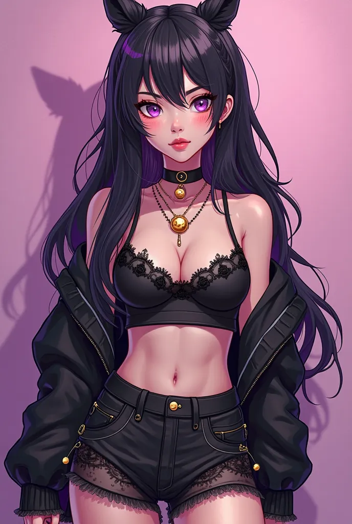 An avatar for a brand from a K-pop cover group. O avatar se chama Chrissy, She is a female student aged between 16 and 26 years, Who wears short and different clothes for dancing, Your favorite social network is TikTok, Do you have black hair with light pu...