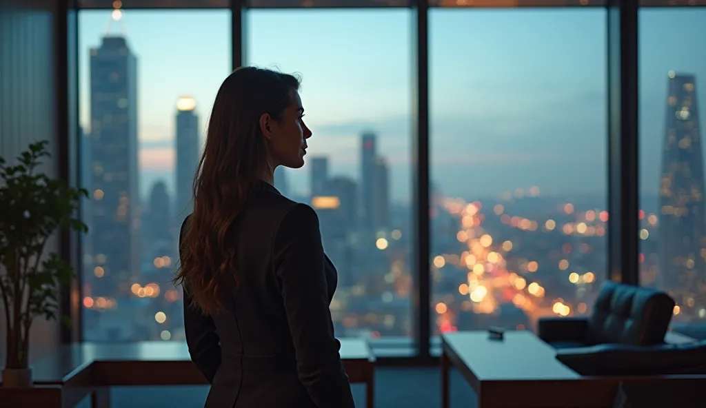 Create an image of a successful woman standing at the window of her office, looking at the city below, reflecting on her journey, aspect ratio 16:9