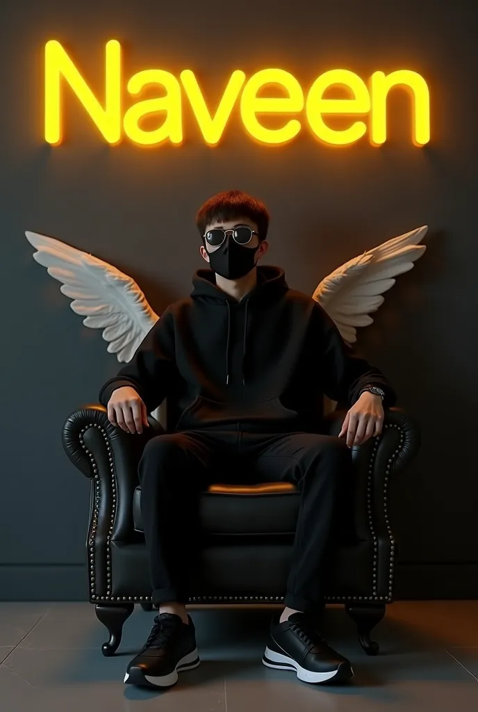 a 3D illusion for a profile picture where a 25 Year old cute boy in a black hoodie Sitting casually on a Wingback chair. Wearing sneakers, with black mask, and sunglasses, he looks ahead. The background features "Naveen" in big and capital Yellow neon ligh...