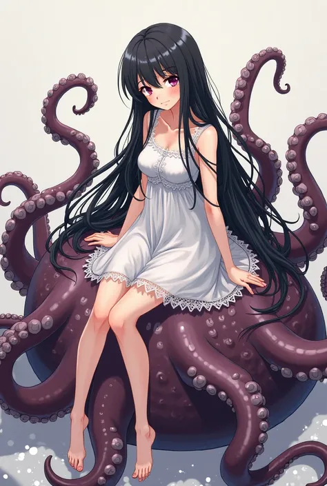 anime girl in a white dress sitting on an octopus like object, an anime drawing by Jin Homura, ピクシブ,  Process Art , fine details. anime.  tentacles,  tentacles around, some  tentacles are touching her, wrapped in black  tentacles, anime monster girl,   ten...