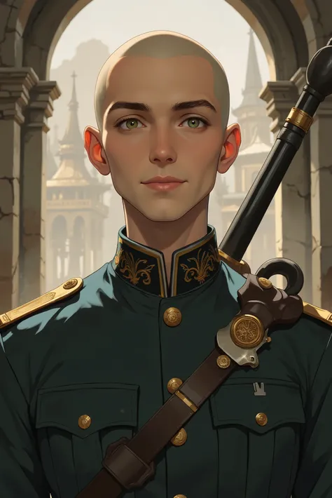 Style: anime. boy. adult man. thin. bald. calm and quiet . slight smile on face. military clothing. medieval era. Humble position. gentle smile. FRONT IMAGE. front face
