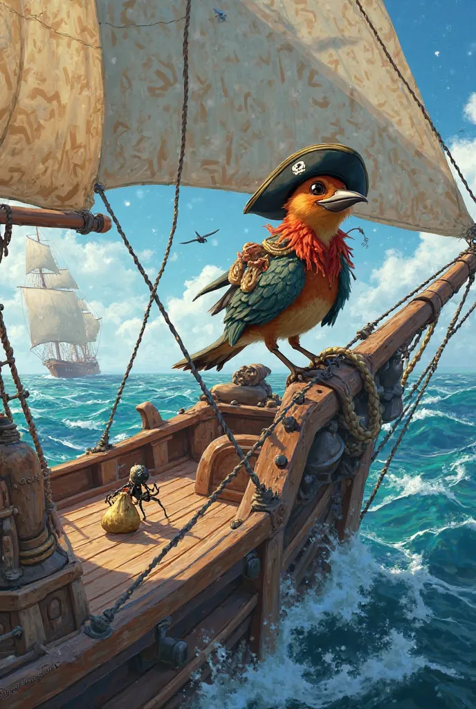 Pirate sparrow and ant on a ship 