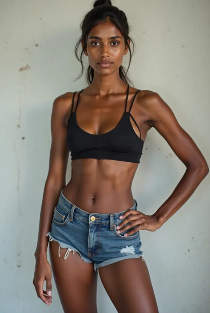 45 year old dark skinned Maharashtrian woman Professor Sheetal Joshi from Pune with a simple face and superhot toned body posing in denim boyshorts, hyper-realistic photo