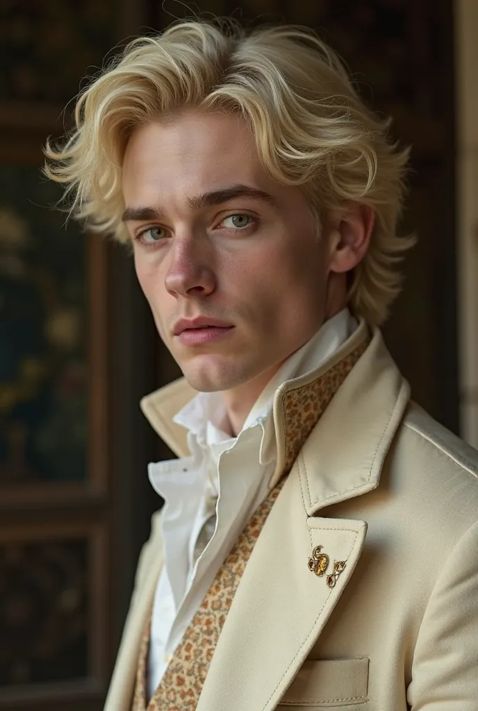 Pale  male  vampire in his 20 with (bright topaz eyes:1.5) no fangs and blonde almost white hair wearing really nice designer preppy clothing with a family crest with the letter C. Clothing should be cream and beige. Twilight style vampire. Carlisle cullen