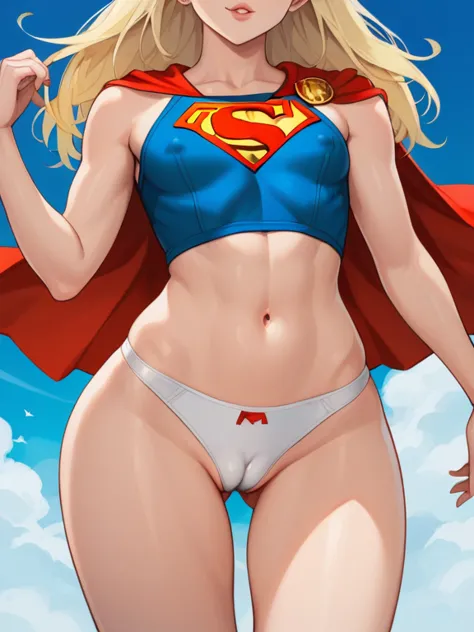 score_9, score_8_up, score_7_up,  source_anime，nsfw， uncorrected，((top quality, master part, absurd))，girl wearing supergirl cosplay, supergirl uniform，(supergirl), red cloak， very young ，Baby Face，blonde， very short，Toddler Body, blue eyes，Flat Chest，nipp...