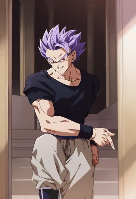 A boy with purple hair styled in Asia behind with spikes, red eyes, With a flirty smile  , wearing a tight black shirt and beige pants , checking the fingers standing on a platform, In the background a distorted dimension , with walls , stairs, columns and...