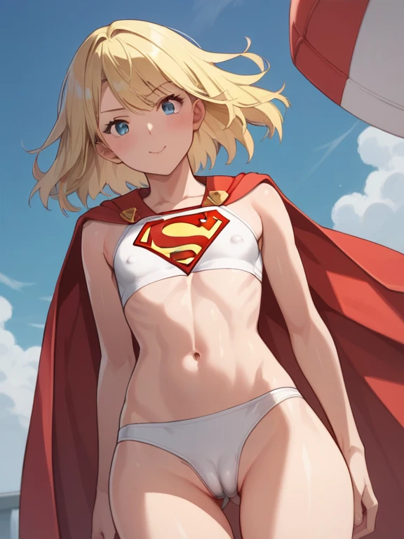 score_9, score_8_up, score_7_up,  source_anime，nsfw， uncorrected，((top quality, master part, absurd))，girl wearing supergirl cosplay, supergirl uniform，(supergirl), red cloak， very young ，Baby Face，blonde， very short，Toddler Body, blue eyes，Flat Chest，nipp...