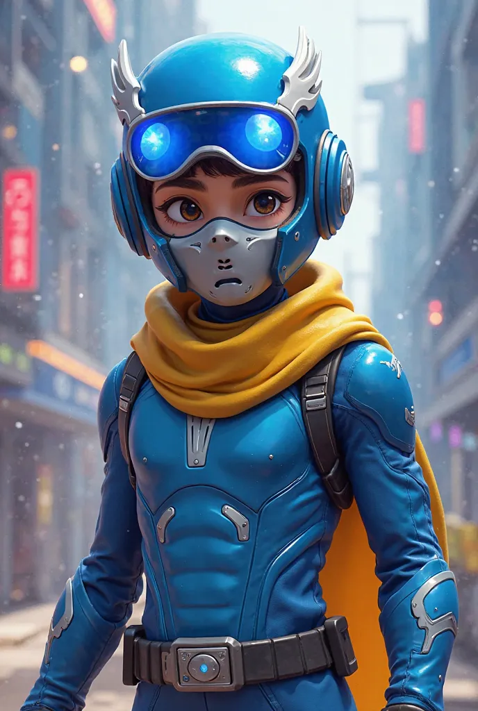 blue costume boy with yellow scarf and grey mask with blue googles and blue helmet with white flames fortnite