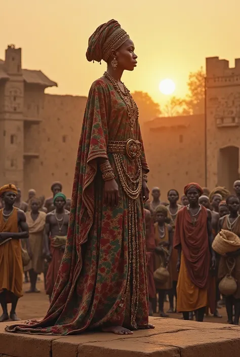 "A regal African queen, Efunsetan Aniwura, stands tall, dressed in elaborate Yoruba royal attire with intricate beads and a majestic headwrap. She stands on a raised platform in an ancient Yoruba marketplace, addressing a large gathering of her people. The...