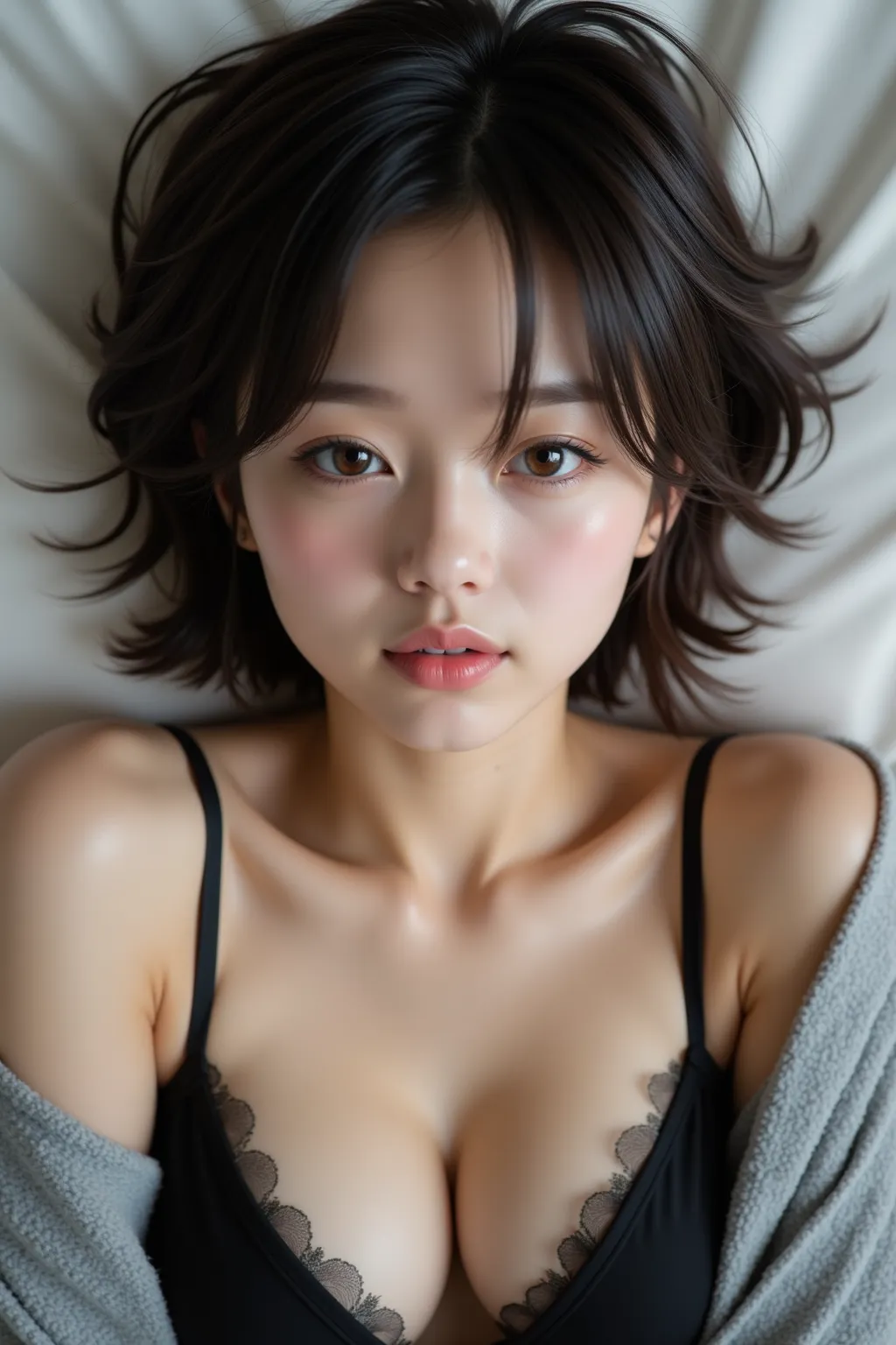 cute 20 year old girl, 完美比例身材, Messy short hair, half open cardigan, Exposed shoulders, photo taken from above, Delicate Facial, (Patient expression: 1.5), beautiful eyes, long lashes, lying on the bed, Close your eyes slowly,  clean room, realistic photo ...