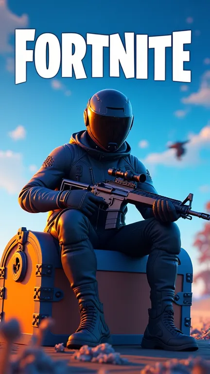 Create a mobile wallpaper with a blue and orange background with the “Fortnite” logo and a map of the game in high relief in the background, men in black leather pants and blue jacket, black motorcycle-type helmet with earpiece, with a rifle in his hand an...