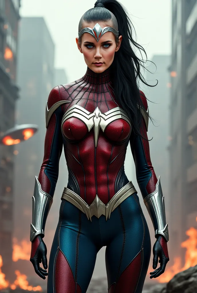 (((Symbiote merged with Spiderman Wonder Woman))),(((A beautiful woman with a completely shaved head wearing a black ponytail)))under the mantle of the Amazon warrior Wonder Woman))),((( Wonder Woman emblem on her chest))),(((black corset))),(((Long black ...