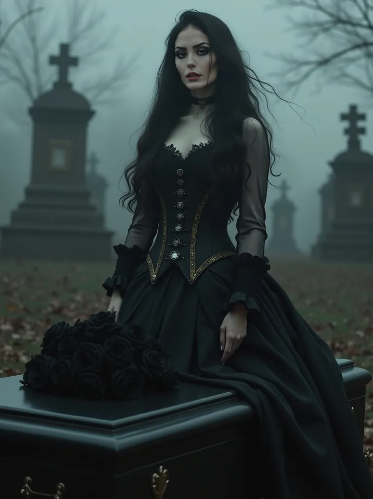 A black casket, Old man in the cemetery, with a bouquet of black roses on top. In the background of the image A goth woman of mesmerizing beauty, with pale skin and dramatic makeup, featuring well-outlined eyes and dark lips. Her long, wavy black hair flow...