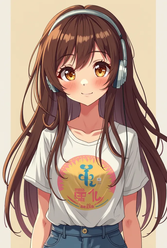 Create an anime-style avatar of a 34-year-old girl, you must have large amber eyes and brown hair up to the waist. You must wear an anime t-shirt and headphones