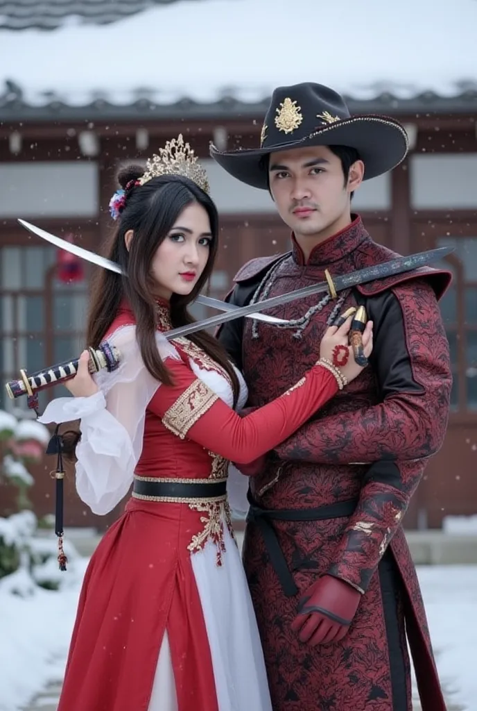 Make a picture of a sword-fighting woman and her samurai husband,

women 
Wearing a sophisticated samurai armor costume dark red white color, long hair in a round face mound

men 
Wearing a dark red advanced armor samurai costume, wearing a cowboy hat , 

...